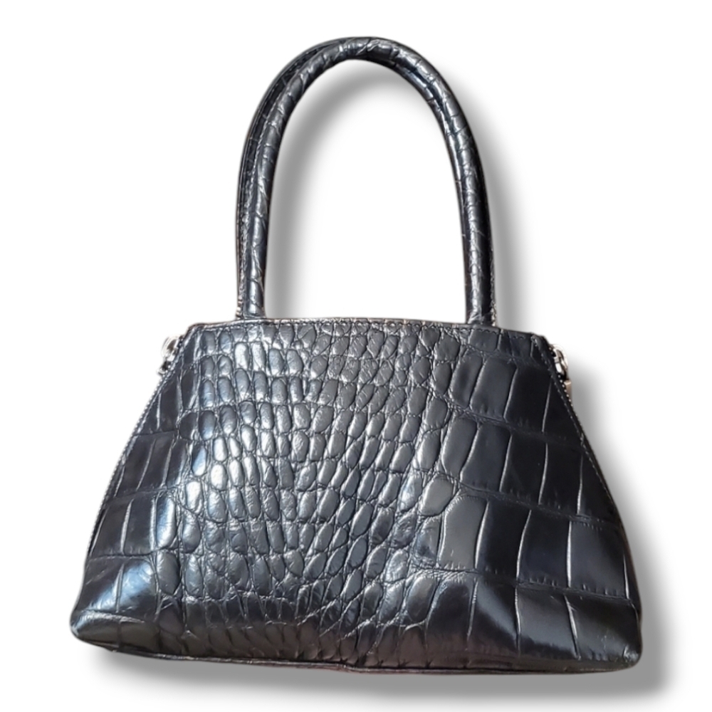 Furla Vintage Mini Croc Embossed Leather Top Handle Shoulder Bag Black